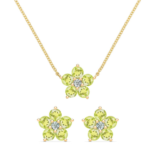 Pair of Greenwich earrings and a necklace in 14k gold featuring 4 mm peridots and 2.1 mm diamonds - front view