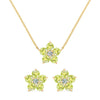 Pair of Greenwich earrings and a necklace in 14k gold featuring 4 mm peridots and 2.1 mm diamonds - front view