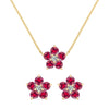 Pair of Greenwich earrings and a necklace in 14k gold featuring 4 mm rubies and 2.1 mm diamonds - front view