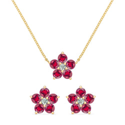Greenwich 5 Ruby & Diamond Necklace and Earrings Set in 14k Gold (July)