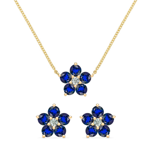 Pair of Greenwich earrings and a necklace in 14k gold featuring 4 mm sapphires and 2.1 mm diamonds - front view