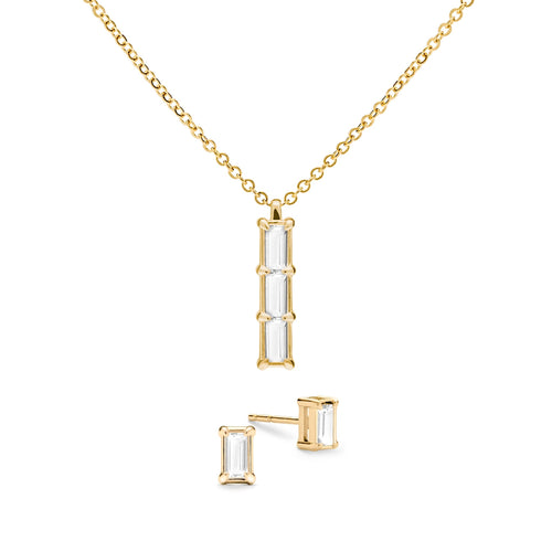 Providence 3 White Topaz pendant and stud earrings set with petite baguette stones set in 14k yellow gold - front view