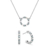 White gold Rosecliff small open circle necklace and huggie earrings featuring alternating 2 mm diamonds & alexandrites