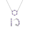 White gold Rosecliff small open circle necklace and huggie earrings featuring alternating 2 mm faceted diamonds & amethysts