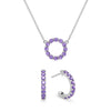 Rosecliff small open circle necklace and huggie earrings featuring 2 mm round cut amethysts prong set in 14k white gold