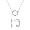 White gold Rosecliff small open circle necklace and huggie earrings featuring alternating 2 mm faceted diamonds & aquamarines