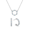 White gold Rosecliff small open circle necklace and huggie earrings with alternating 2 mm diamonds & Nantucket blue topaz