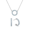 Rosecliff small open circle necklace and huggie earrings featuring 2 mm Nantucket blue topaz prong set in 14k white gold