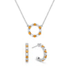 White gold Rosecliff small open circle necklace and huggie earrings featuring alternating 2 mm round cut diamonds & citrines