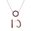 Rosecliff small open circle necklace and huggie earrings featuring 2 mm round cut garnets prong set in 14k white gold