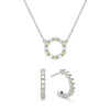 White gold Rosecliff small open circle necklace and huggie earrings featuring alternating 2 mm round cut diamonds & peridots