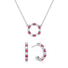 White gold Rosecliff small open circle necklace and huggie earrings featuring alternating 2 mm round cut diamonds & rubies