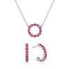 Rosecliff small open circle necklace and huggie earrings featuring 2 mm faceted round cut rubies prong set in 14k white gold