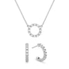 Rosecliff small open circle necklace and huggie earrings featuring 2 mm round cut white topaz prong set in 14k white gold