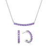 Rosecliff bar necklace and huggie earrings featuring 2 mm faceted round cut amethysts prong set in 14k white gold