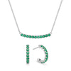 Rosecliff bar necklace and huggie earrings featuring 2 mm faceted round cut emeralds prong set in 14k white gold
