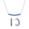 Rosecliff bar necklace and huggie earrings featuring 2 mm faceted round cut sapphires prong set in 14k white gold