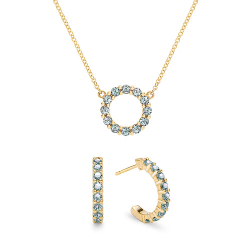 Rosecliff small open circle necklace and huggie earrings featuring 2 mm alexandrites prong set in 14k gold - front view
