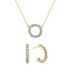 Rosecliff small open circle necklace and huggie earrings featuring 2 mm alexandrites prong set in 14k gold - front view