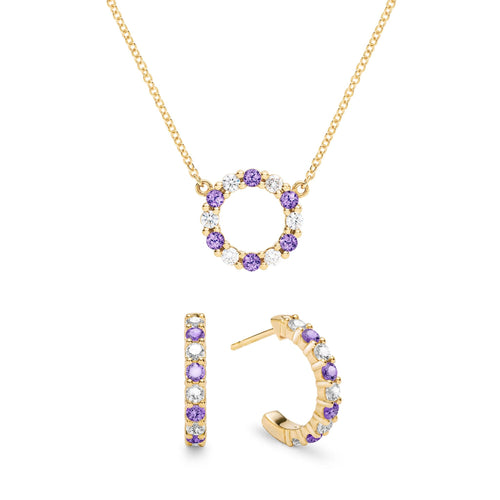 Gold Rosecliff small open circle necklace and huggie earrings featuring alternating 2 mm diamonds & amethysts - front view