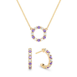 Rosecliff Small Circle Diamond & Amethyst Necklace and Earrings Set in 14k Gold (February)