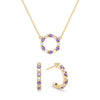 Gold Rosecliff small open circle necklace and huggie earrings featuring alternating 2 mm diamonds & amethysts - front view