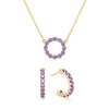 Rosecliff small open circle necklace and huggie earrings featuring 2 mm faceted amethysts prong set in 14k gold - front view