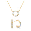 Gold Rosecliff small open circle necklace and huggie earrings featuring alternating 2 mm diamonds & aquamarines - front view