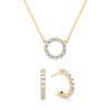 Rosecliff small open circle necklace and huggie earrings featuring 2 mm aquamarines prong set in 14k gold - front view