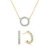 Rosecliff small open circle necklace and huggie earrings featuring Nantucket blue topaz prong set in 14k gold - front view