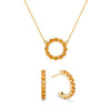 Rosecliff small open circle necklace and huggie earrings featuring 2 mm round cut citrines prong set in 14k gold - front view