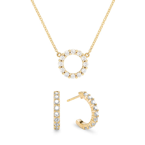Rosecliff small open circle necklace and huggie earrings featuring 2 mm round cut diamonds prong set in 14k gold - front view