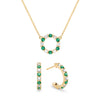 Gold Rosecliff small open circle necklace and huggie earrings featuring alternating 2 mm diamonds & emeralds - front view