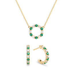 Rosecliff Small Circle Diamond & Emerald Necklace and Earrings Set in 14k Gold (May)