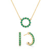 Rosecliff small open circle necklace and huggie earrings featuring 2 mm round cut emeralds prong set in 14k gold - front view