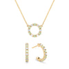 Gold Rosecliff small open circle necklace and huggie earrings featuring alternating 2 mm diamonds & peridots - front view