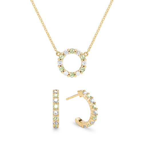 Gold Rosecliff small open circle necklace and huggie earrings featuring alternating 2 mm diamonds & peridots - front view