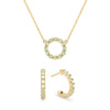 Rosecliff small open circle necklace and huggie earrings featuring 2 mm round cut peridots prong set in 14k gold - front view