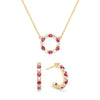 Gold Rosecliff small open circle necklace and huggie earrings featuring alternating 2 mm diamonds & rubies - front view