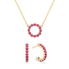 Rosecliff small open circle necklace and huggie earrings featuring 2 mm round cut rubies prong set in 14k gold - front view