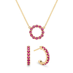 Rosecliff Small Circle Ruby Necklace and Earrings Set in 14k Gold (July)