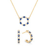 Gold Rosecliff small open circle necklace and huggie earrings featuring alternating 2 mm diamonds & sapphires - front view