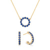 Rosecliff small open circle necklace and huggie earrings featuring 2 mm faceted sapphires prong set in 14k gold - front view
