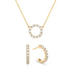 Rosecliff small open circle necklace and huggie earrings featuring 2 mm white topaz prong set in 14k gold - front view