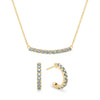 Rosecliff bar necklace and huggie earrings featuring 2 mm faceted round cut alexandrites prong set in 14k gold - front view