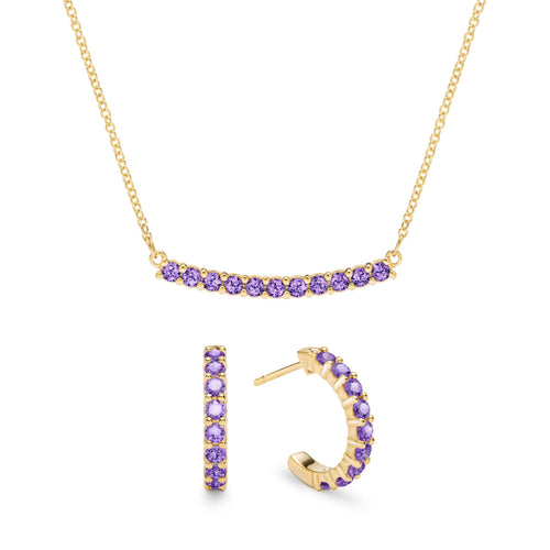 Rosecliff bar necklace and huggie earrings featuring 2 mm faceted round cut amethysts prong set in 14k gold - front view