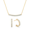 Rosecliff bar necklace and huggie earrings featuring 2 mm faceted round cut aquamarines prong set in 14k gold - front view