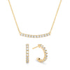 Rosecliff bar necklace and huggie earrings featuring 2 mm faceted round cut diamonds prong set in 14k gold - front view