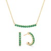 Rosecliff bar necklace and huggie earrings featuring 2 mm faceted round cut emeralds prong set in 14k yellow gold