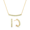 Rosecliff bar necklace and huggie earrings featuring 2 mm faceted round cut peridots prong set in 14k gold - front view